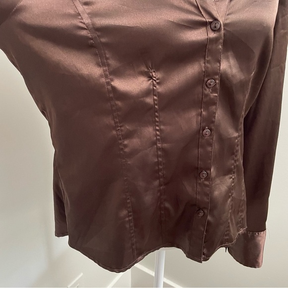 Vintage Y2K Brown Satin Button Down Long Sleeve Top Size Large Old Money - Picture 3 of 8